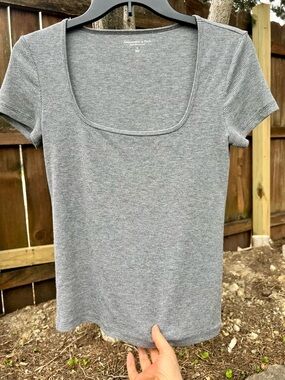 A&F Essentials Abercrombie & Fitch Grey Ribbed Square Neck Tee Supersoft S top